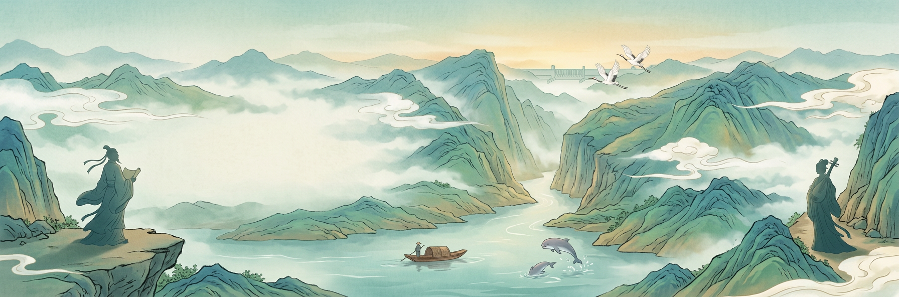 西陵峡口江面上的货轮与两岸青山